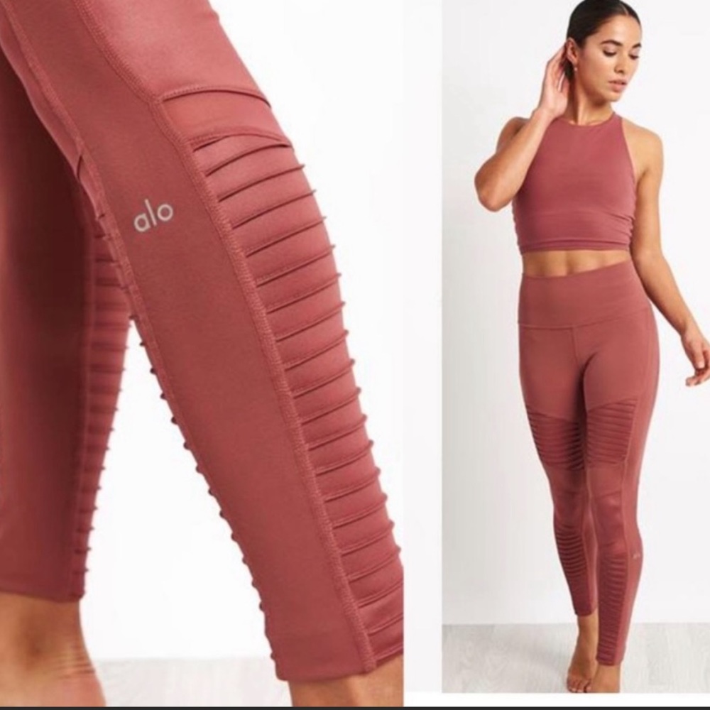 Alo High-Waist Moto Legging with Mesh in Mauve/Burnt Red